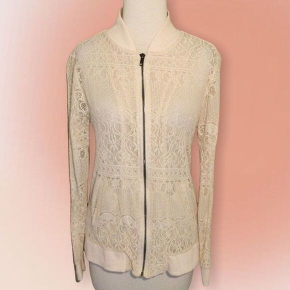 Living Doll Ivory‎ Ecru Lace Zip Up Unlined Jacket Size Med - Picture 2 of 11